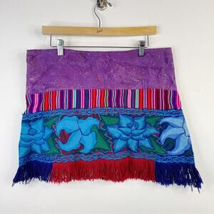 Handmade Baja Tapestry Embroidered Floral Fringe Guatemalan Festival Mini Skirt